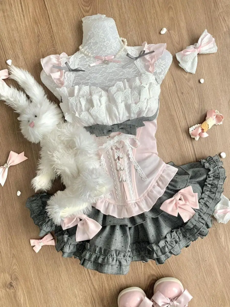 Sweet Lolita Kawaii Summer Lace Ruffle Bow Halter Neck 2 Piece Sets Women Waist Layered Cake Skirt Suits Female Party Clothing - Image 4