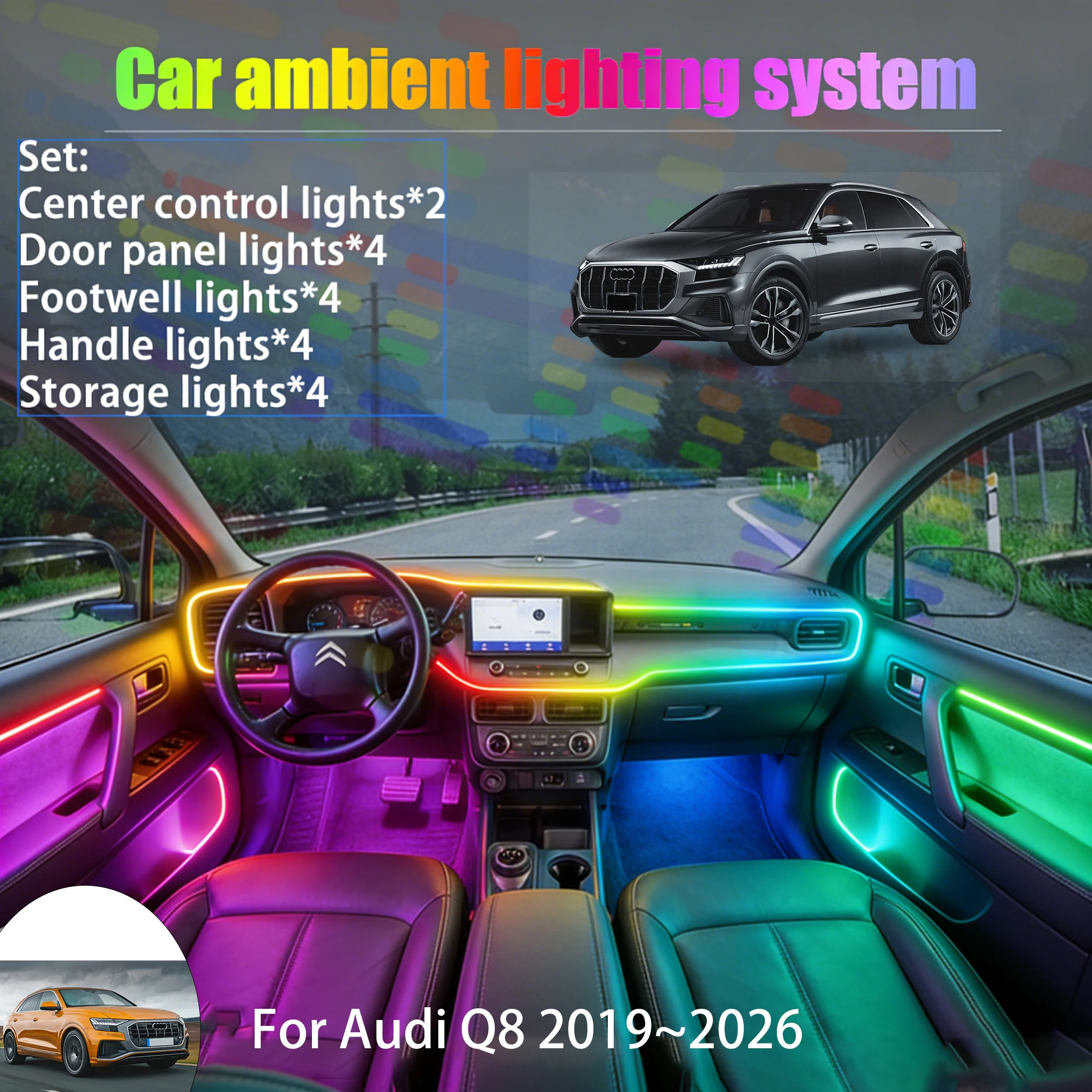 

For Audi Q8 2019~2026 2/18 in 1 Car ambient lighting Led trunk interior led lights USB RGB Ensemble Streamer Accessories