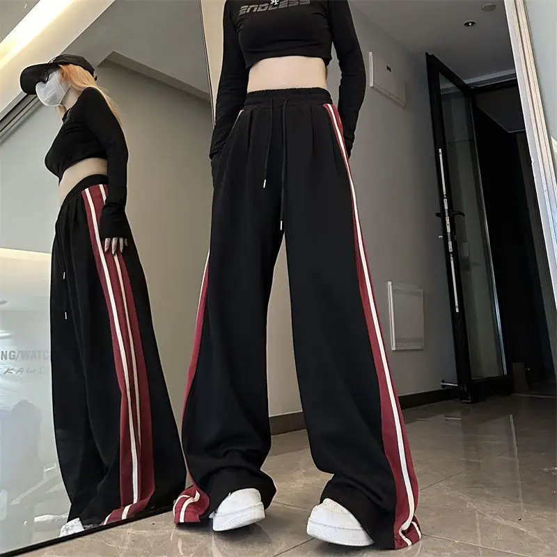 GIDYQ Y2k Striped Wide Leg Pants Women Fashion Black Baggy Jogger Sweatpants Korean Streetwear Hip Hop Straight Trousers New