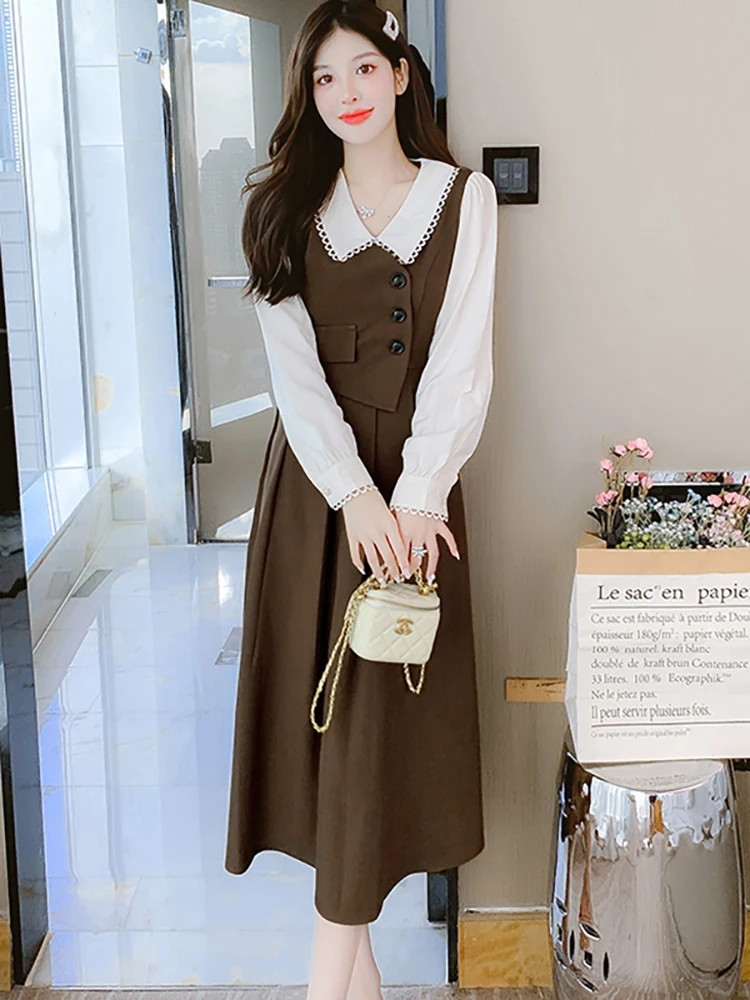 2024 New Fashion Patchwork Fake Two Piece Long Dress Women Long Sleeve Doll Collar Casual Dress Autumn Winter Elegant Prom Dress