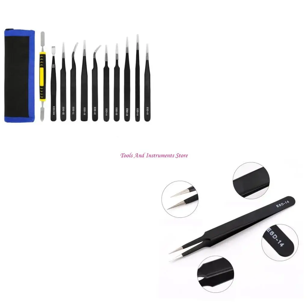 10/11 Piece Stainless Steel Industrial Tweezers Set for Precisions Tasks with Nonslip Handle and Canvas Storage Bag C7AC