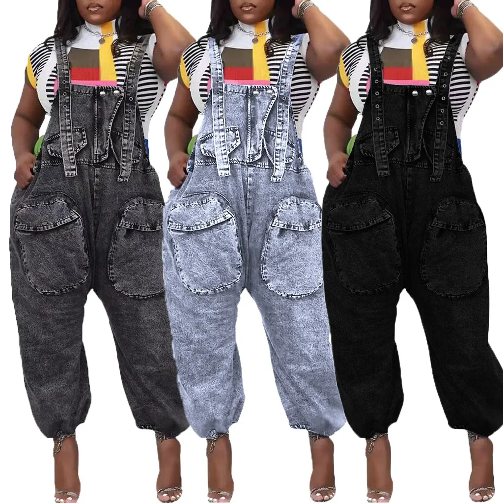 

Jumpsuits Denim Women Overalls Suspenders Solid Straight Long Pants Loose Casual Regular One Piece High Waist Pockets 2024