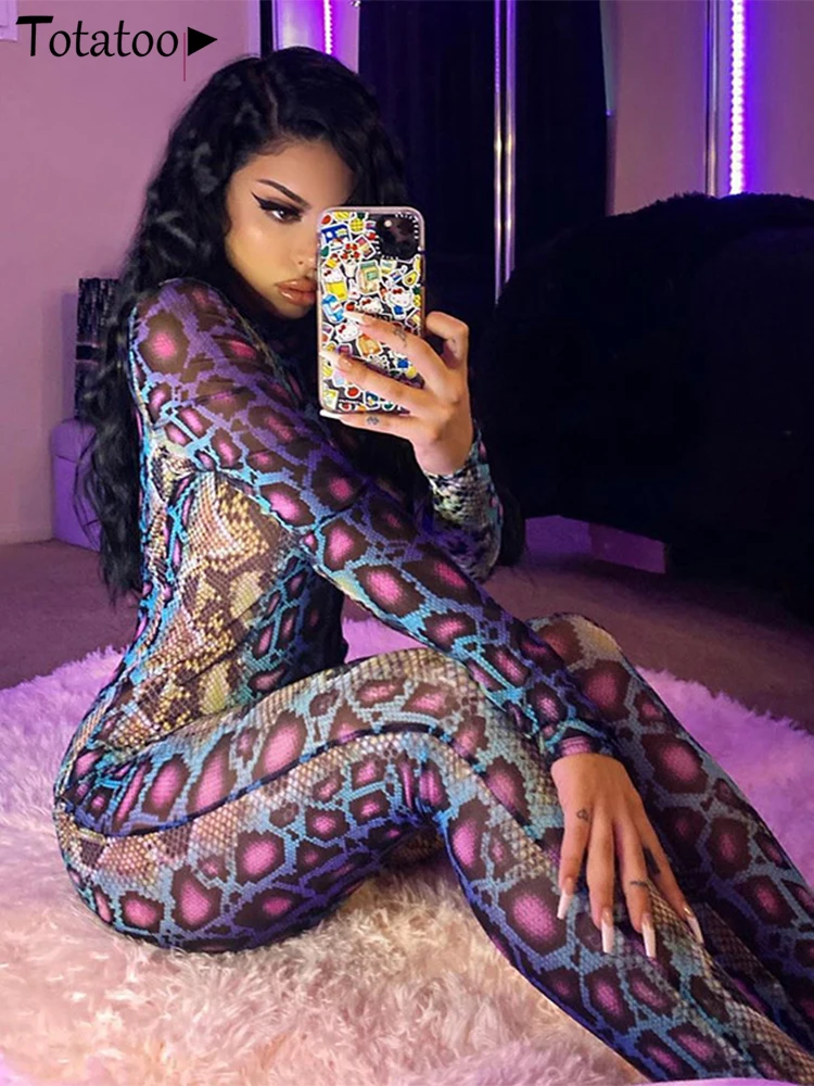 

Totatoop Snake Print Long Sleeve Sexy Jumpsuit For Women 2024 Autumn Winter Full Pant Skinny Rompers Night Club Party Overalls