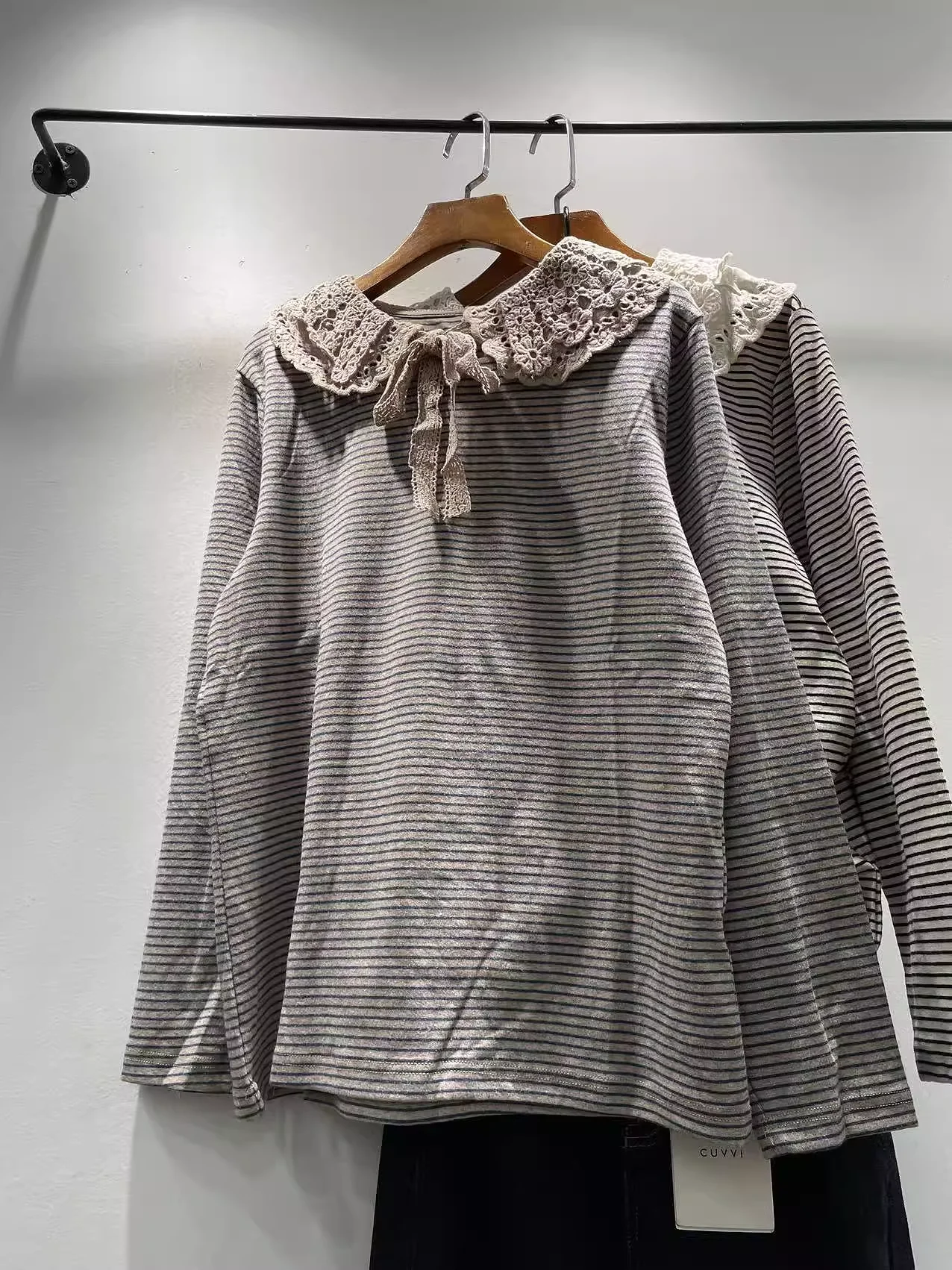 قمصان موري جيرل 100% قطن بيتر بان بياقة دانتيل مخططة وأكمام طويلة للنساء قمصان دعم مخططة على طراز بريبي الياباني #2