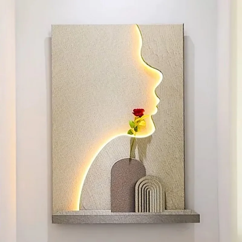 CX311ID Cream Style LED Wall Lamp Glowing Figure Three-dimensional Sandstone Bedroom Mural With Simple Decor Light Painting