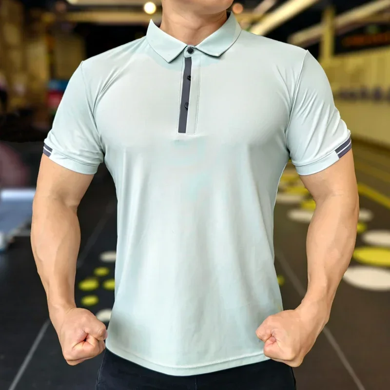 Athleisure da uomo Ice Silk Top Tee felpe Fitness Training collant Golf Short risvolto Activewear Sleeve Gym Muscle Fit Shirt