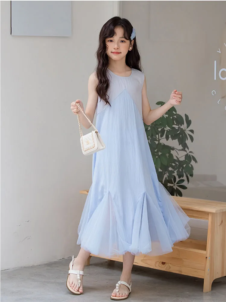 Summer Girls Dress New 2024 Casual Princess Dresses Child Sleeveless Patchwork Costumes Party Kids Long Mermaid Dress Clothes