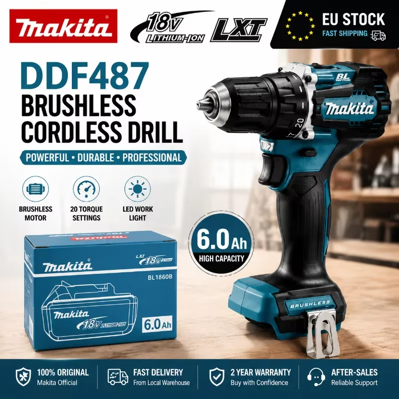 Original Makita 18V LXT Akku-Bohrschrauber Bürstenlos DDF487 10mm Hochdrehmoment + 6,0Ah BL1860B BL1840 Akku-Pack Professionelles Elektrowerkzeug-Set