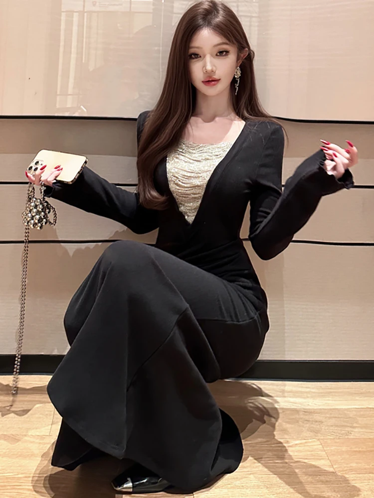 秋冬ブラックパッチワークホワイトVネックロングドレス女性プリーツボディコンフリルドレス2025韓国ヴィンテージラグジュアリーパーティードレス