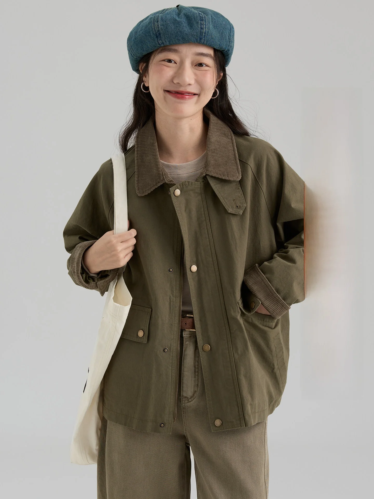 

Drawwind2026 Spring New Loose Cotton Workwear Jacket Women's Retro Patchwork Collar Jacket Korean Style Long Sleeve Zipper