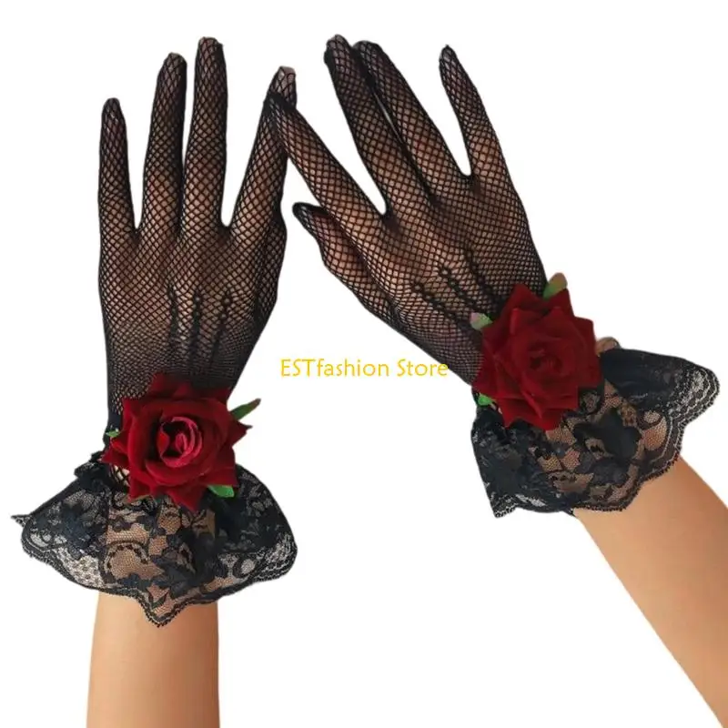 Y5GC Women's Short Lace Gloves Wedding Bridal Gloves Fashion Halloween Cosplay Gloves for Evening Operas Party Prom