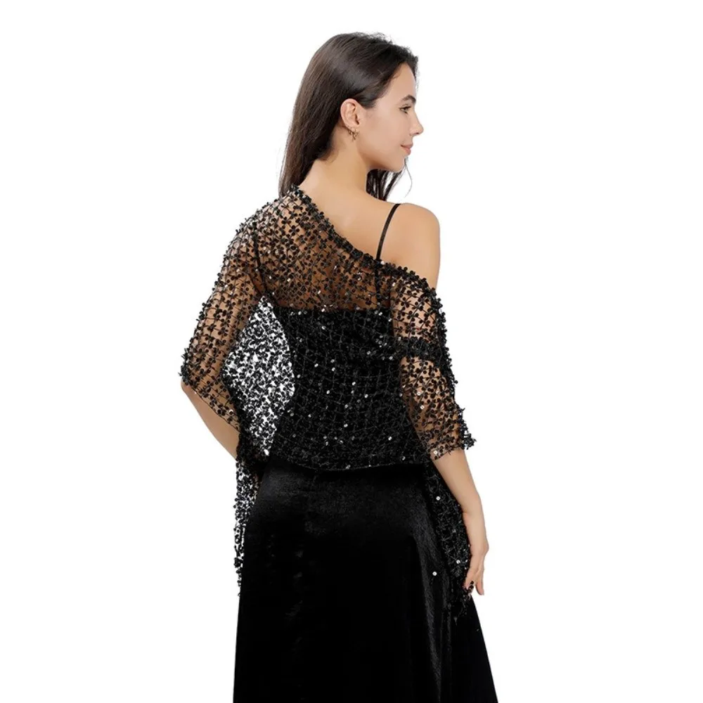 Ladies Elegant Sparkle Sequin Fringe Scarf Formal Hollow Out Glitter Shawl Vintage Wrap Boho Headscarf Wedding