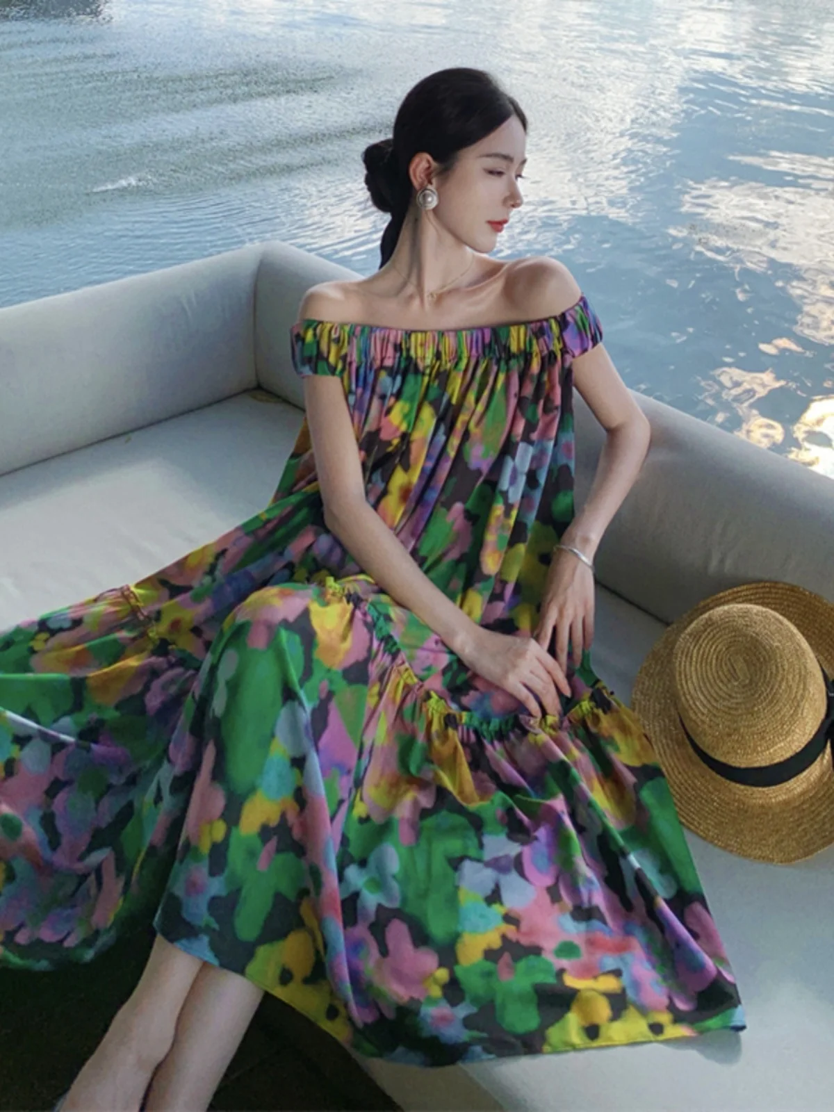 

Thailand Travel Wear Seaside Holiday off-Shoulder Temperament Printed Draping Effect Dress Beach