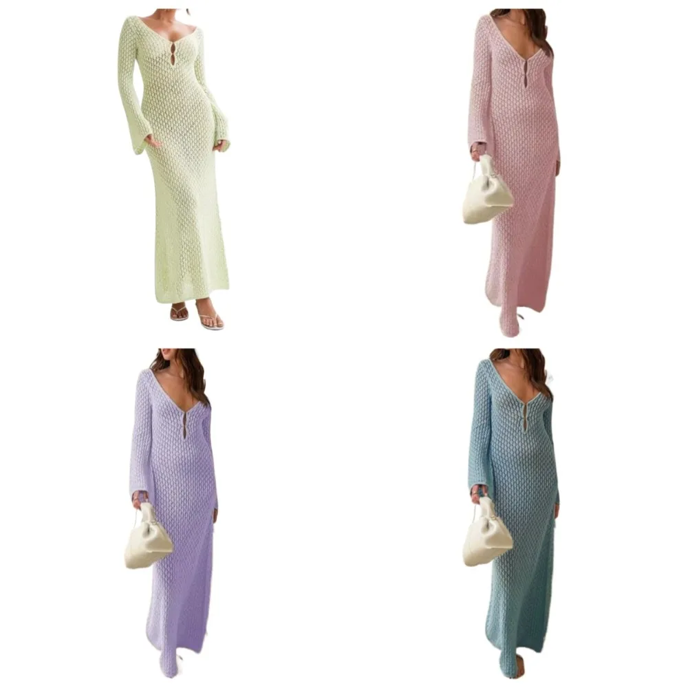 

2025Sexy Cover Up Long Sleeve Long Dress Women Backless Beach Wear Bathing Suit Knitting Swimwear Knitted Beach Dress Tunic Robe