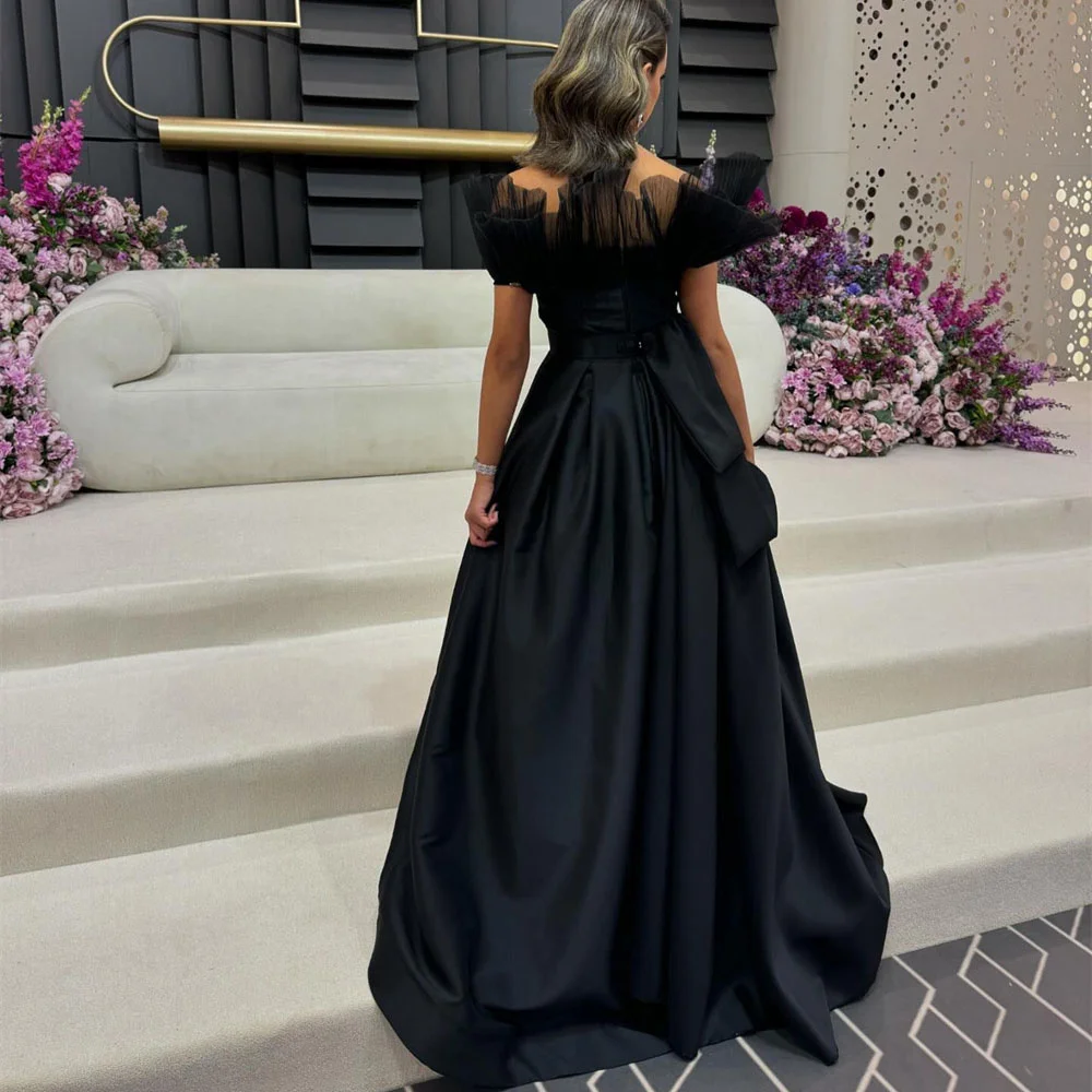 

ROYET Black Strapless Pleat Elegant A Line Evening Dress High Side Slit Sweep Train Classic Simple Style Prom Gown New 2024