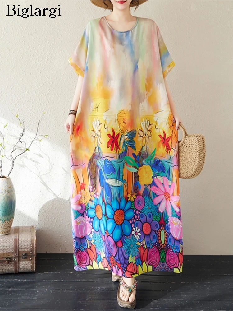 

Oversized Summer Flower Floral Print Dress Women Casual Short Sleeve Fashion Ladies Dresses Loose Pleated Woman Long Dress