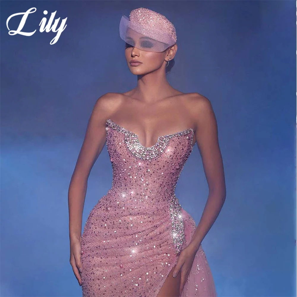 Lily Pink Woman Evening Dress Gown Sequins Mermaid Sexy Split V-Neck Beaded Night Dress Gown with Pleats Satin robes de soirée