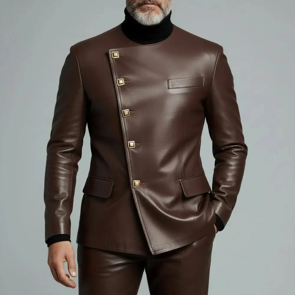 Men's Casual Business PU Leather Blazer Fashion Round Neck Single Breasted Slim Fit High Quality Banquet Party Work Jacket