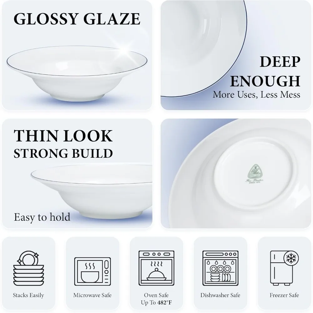 Conjunto de 6 tigelas de macarrão de porcelana branca – ideais para sopa e saladas rasas, além de 9 tigelas de jantar com borda azul para servir, adequadas