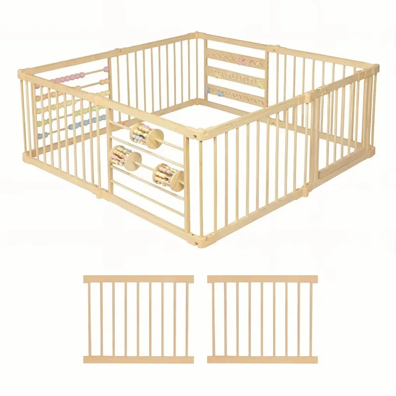 Wooden toy fence with extra-large toddler and baby panels, foldable