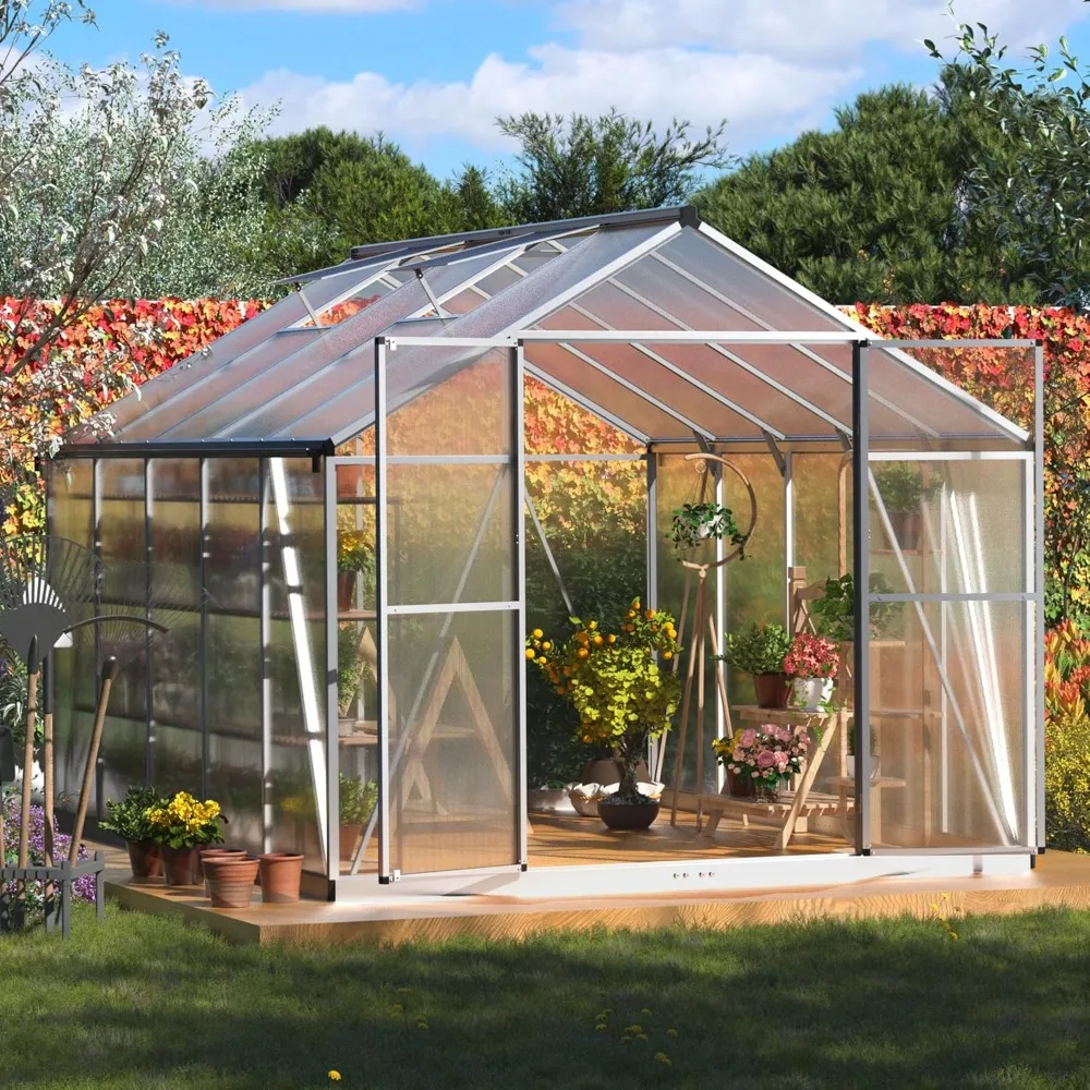 8x10 FT Greenhouse, Large Greenhouses with Updated Frame Structure Roof Vent and Lockable Doors, Aluminum Walk-in Greenhouse