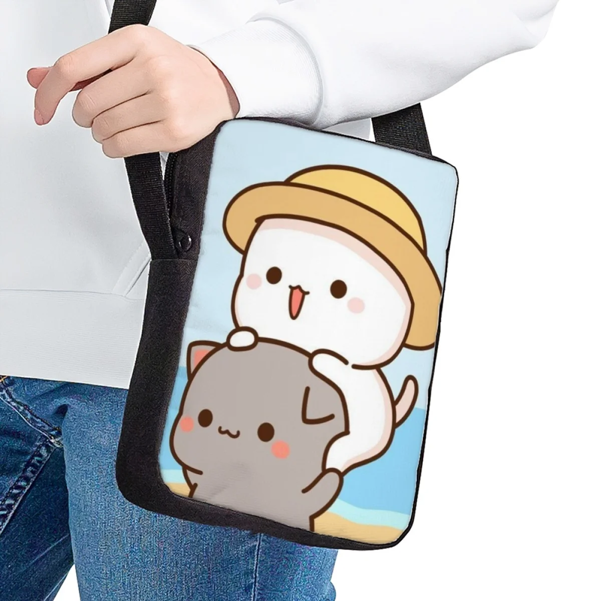 Bolsa de mensajero con estampado de gato de dibujos animados Kawaii para niños, bolso escolar de pequeña capacidad, bolsos cruzados de hombro