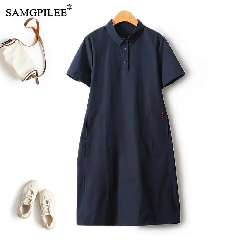 

Fashion Summer Dresses 2024 Female French Elegant Turn Down Solid Straight New Topstitch Design Casual Party Women's Dress 4XL