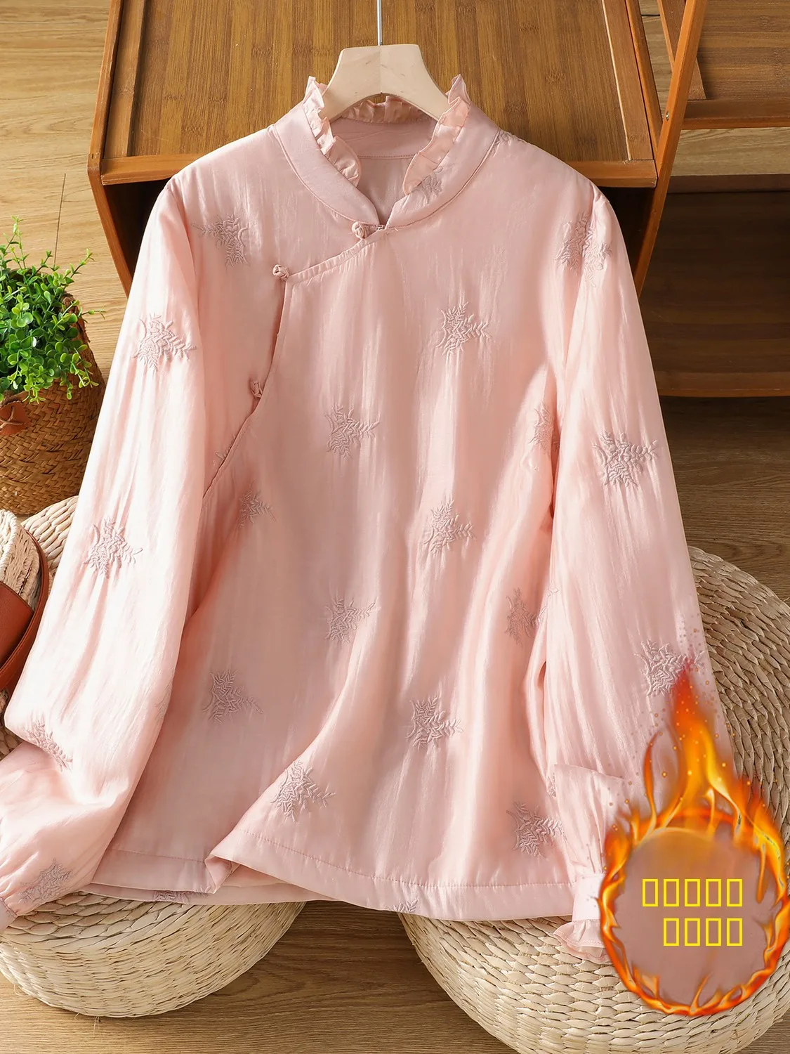 

Retro Embroidered Stand Collar irt Women's Cotton Padded Warmth Clothing Long Sve Single Button Floral Patterned