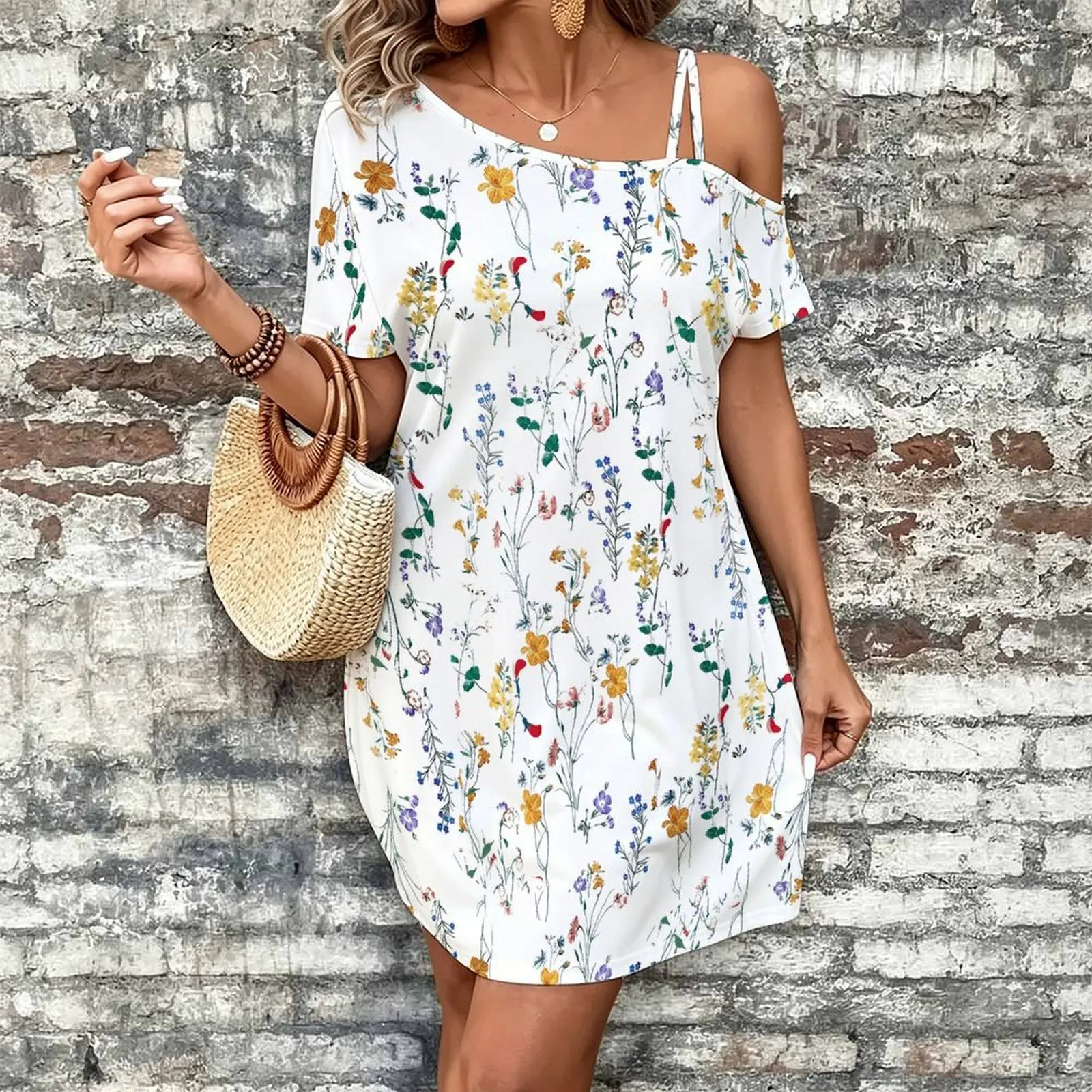 Women Print Cold Shoulder Short Sleeve Mini Dress Irregular Off Shoulder Casual Loose Tunic Dress