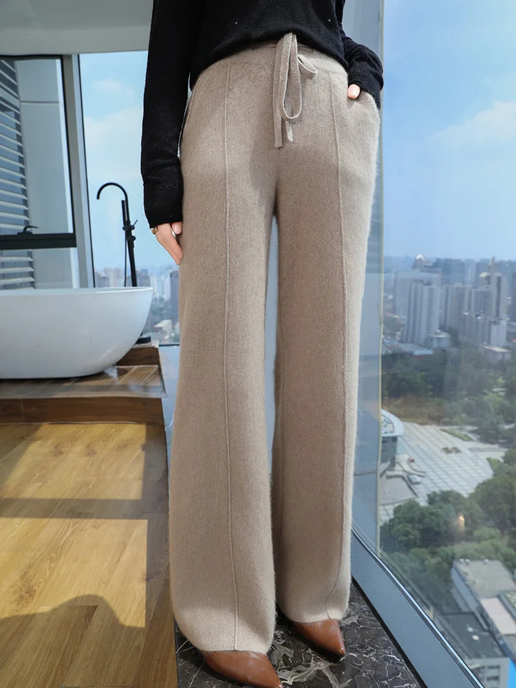 

Women Mid Seam Wide Leg Pants 100% Mink Cashmere Knit Office Lady Trousers Autumn Winter Elastic Waist Drawstring Pockets Pants