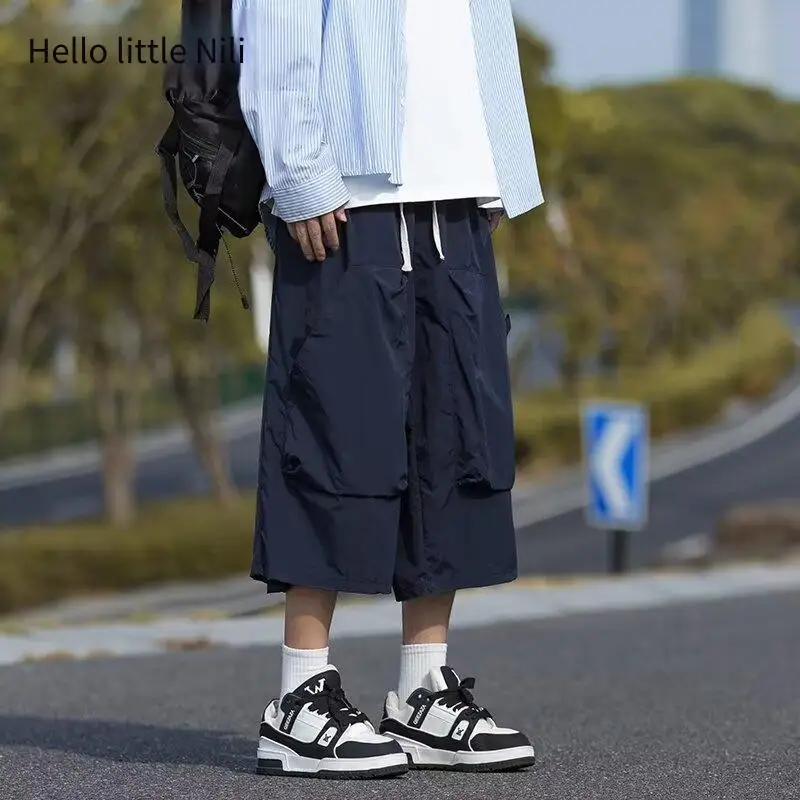 

Мужские летние тонкие быстросохнущие спортивные брюки со средними рукавами для мальчиков, модные свободные повседневные укороченные брюки, толстовка со шпилькой, спортивная Y2k