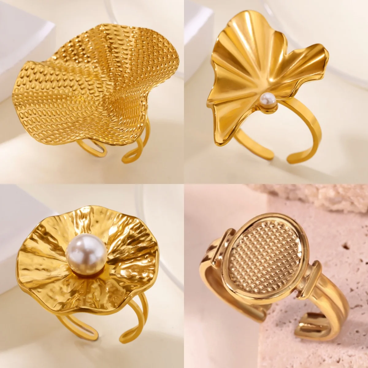 Kreative Unregelmäßige Blattförmige Damenringe 18K Vergoldet mit Durchbrochenem Design Imitationsperlen-Schmuckring Geschenk