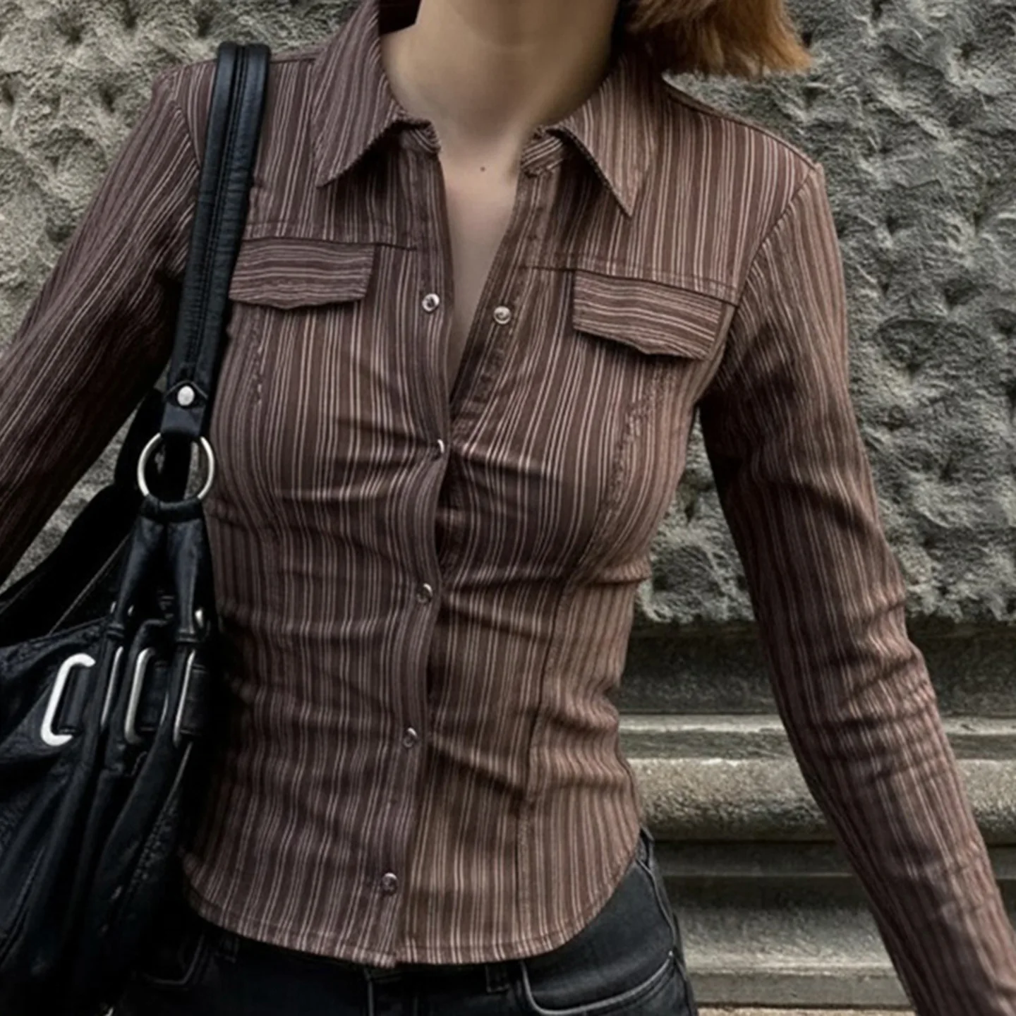 

European and American spice girls sexy waist striped long-sleeved shirt autumn retro brown slim pleated lapel top