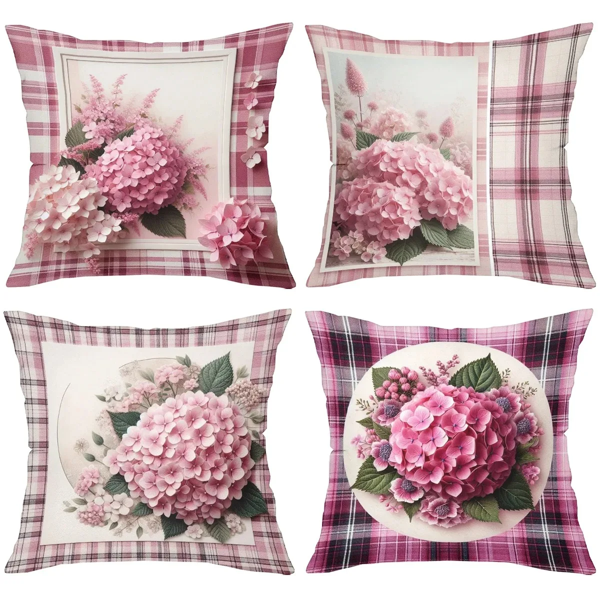 

Pink Hydrangea Cushion Cover 2D Flat Printed Peach Skin Plaid Floral Pillowcase for Living Room Sofa Home Decor 45x45 50x50