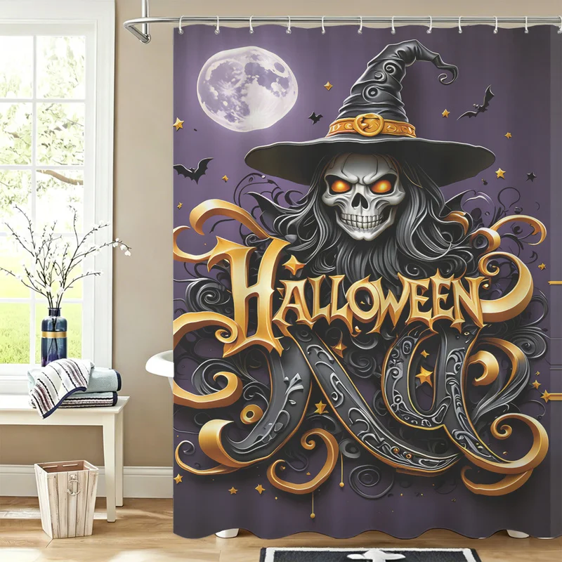 Happy Halloween Shower Curtain Castle Pumpkin Skeleton Spider Print Bath Curtain With Hooks Waterproof Bath Decor Holiday Gift