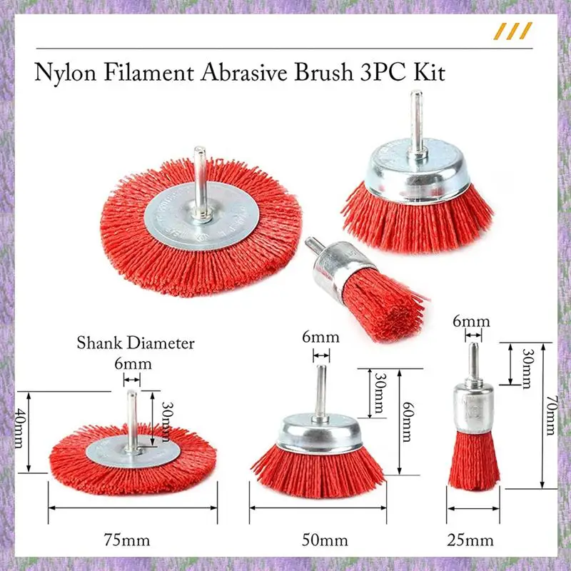 Juego de cepillos de copa y rueda de cepillo de alambre abrasivo de filamento de nailon de A63K-3 piezas con vástago de 1/4 de pulgada para eliminar óxido/corrosión/pintura