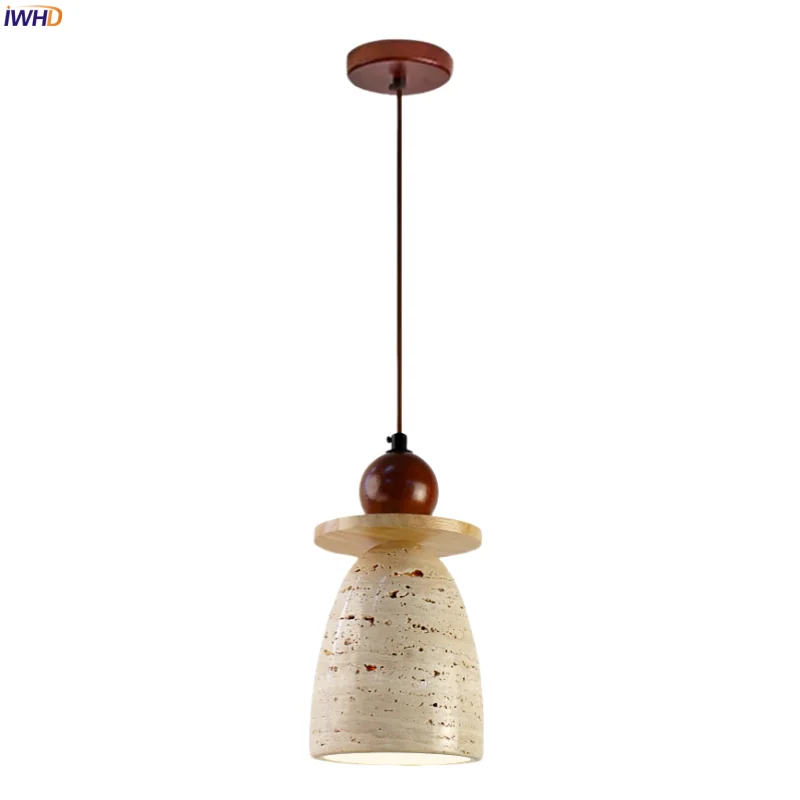 

IWHD Wabi Sabi LED Hanging Lamps Living Dining Room Loft Kitchen Bar Yellow Travertine Wood Japan Vintage Pendant Light Lamparas
