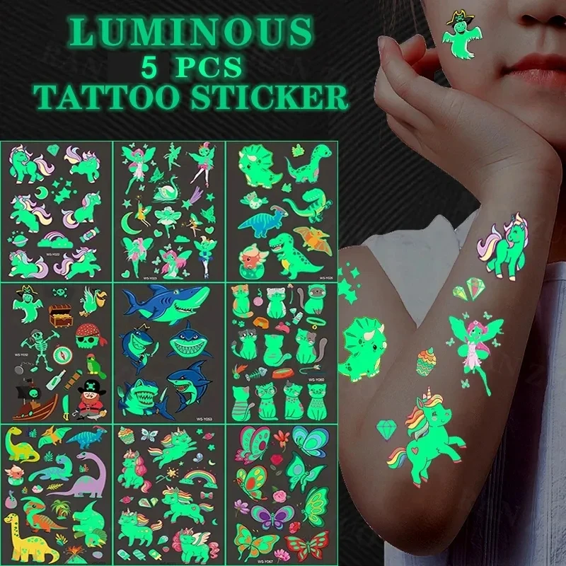 Luminous Tattoo Stickers Temporary Colorful Animal Mermaid Dinosaur Unicorn Space Cute Tattoo Stickers Children\'s Body 5pcs/Set