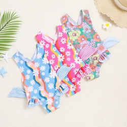 Girls Swimwear 2024 Amoi Girls Fashion Nylon Baby One Piece Sling Blue Pink Print Cute Beach Swimsuit 18M-6Y