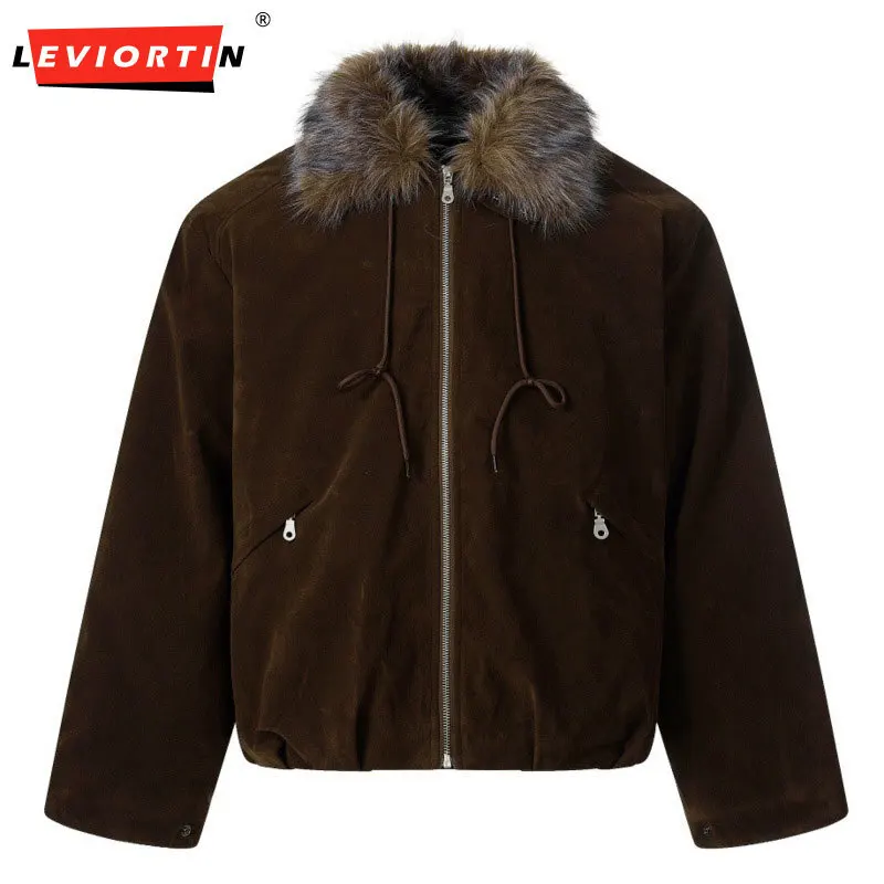 Men's European and American fashion trend brand American zipper pocket imitation fur collar workwear casual lapel cotton jacket