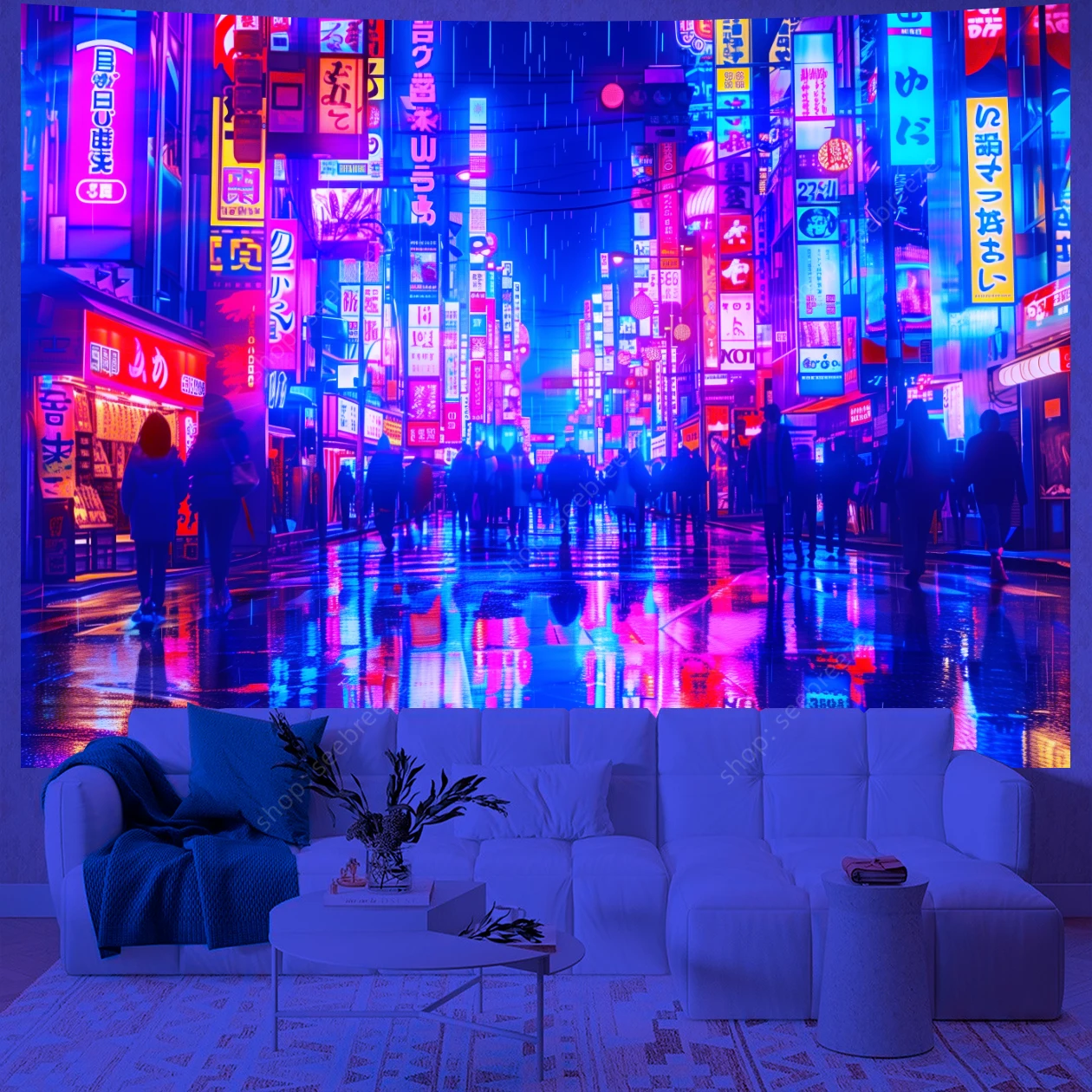 Japanese Anime Art UV Reactive Tapestry Tokyo Bustling Night Market Street Scene Wall Hanging Curtain Decor Home Wall Tapestries