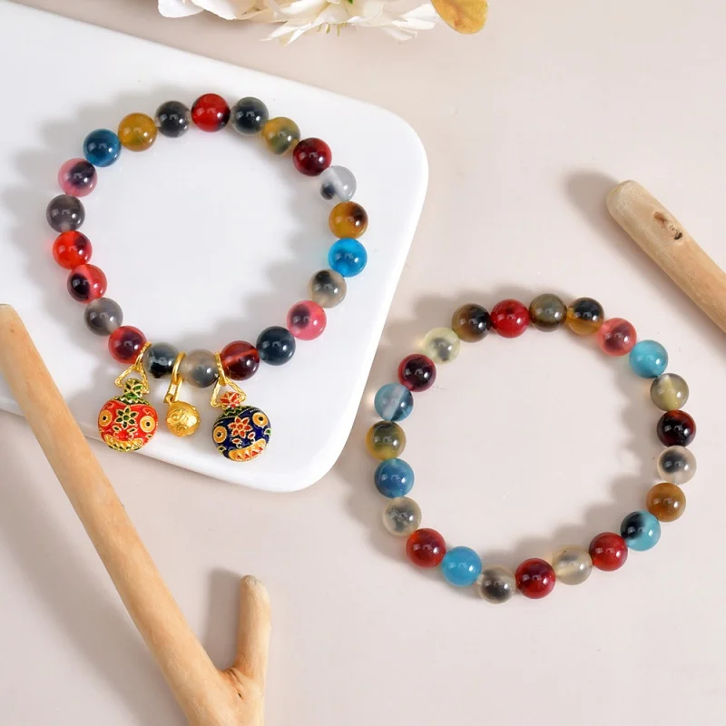 

Palace Style Natural Colorful Sugar Heart Agate Perfect Swallowing Gold Beast Bracelet Single Circle Crystal Bracelet Bracelet