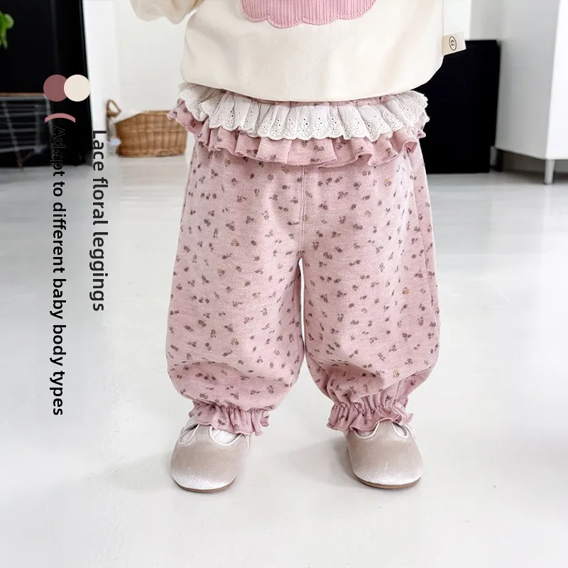 

Леггинсы с фрагментарным букетом цветов для девочек, новинка 2023 года, осенние детские корейские кружевные повседневные брюки, детские стильные осенние брюки