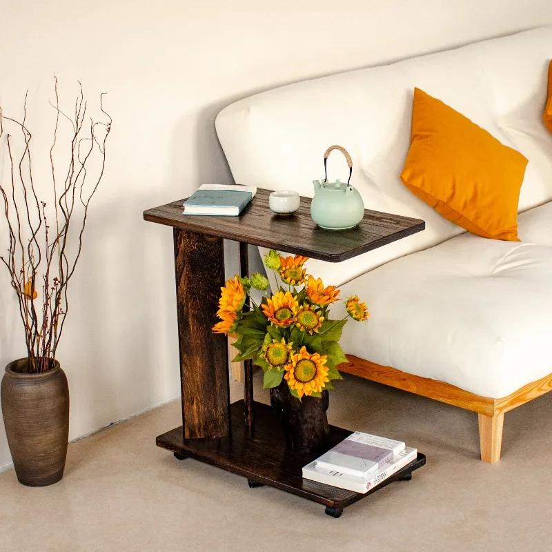 Retro C-Shaped End Tables Solid Wood Sofa Side Table Multi-Functional Log Wind Nightstand Bedroom Laptop Desk with Wheels