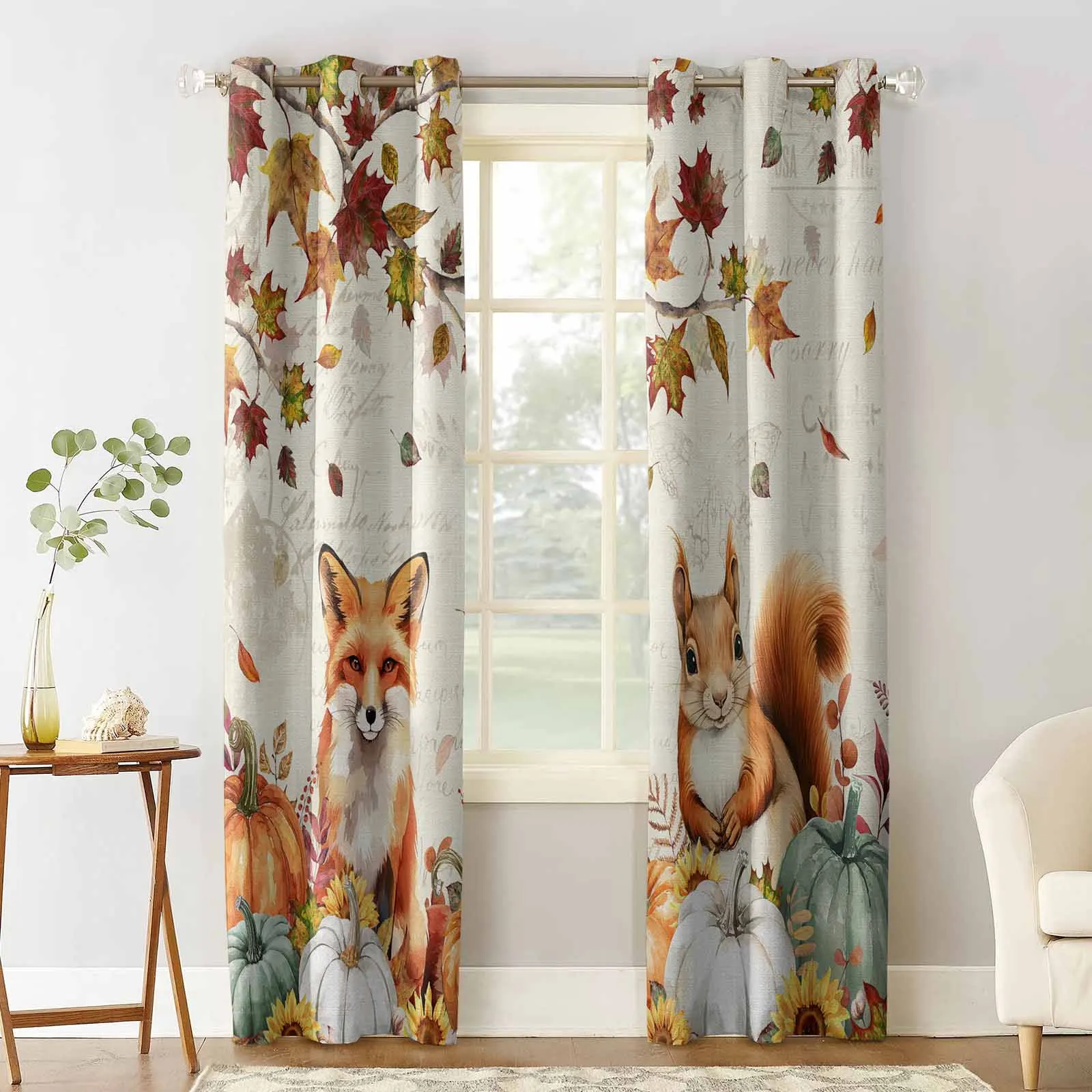 Thanksgiving Pumpkin Fox Squirrel Vintage Letter Blackout Curtains For Living Room Bedroom Window Treatment Blinds Drapes