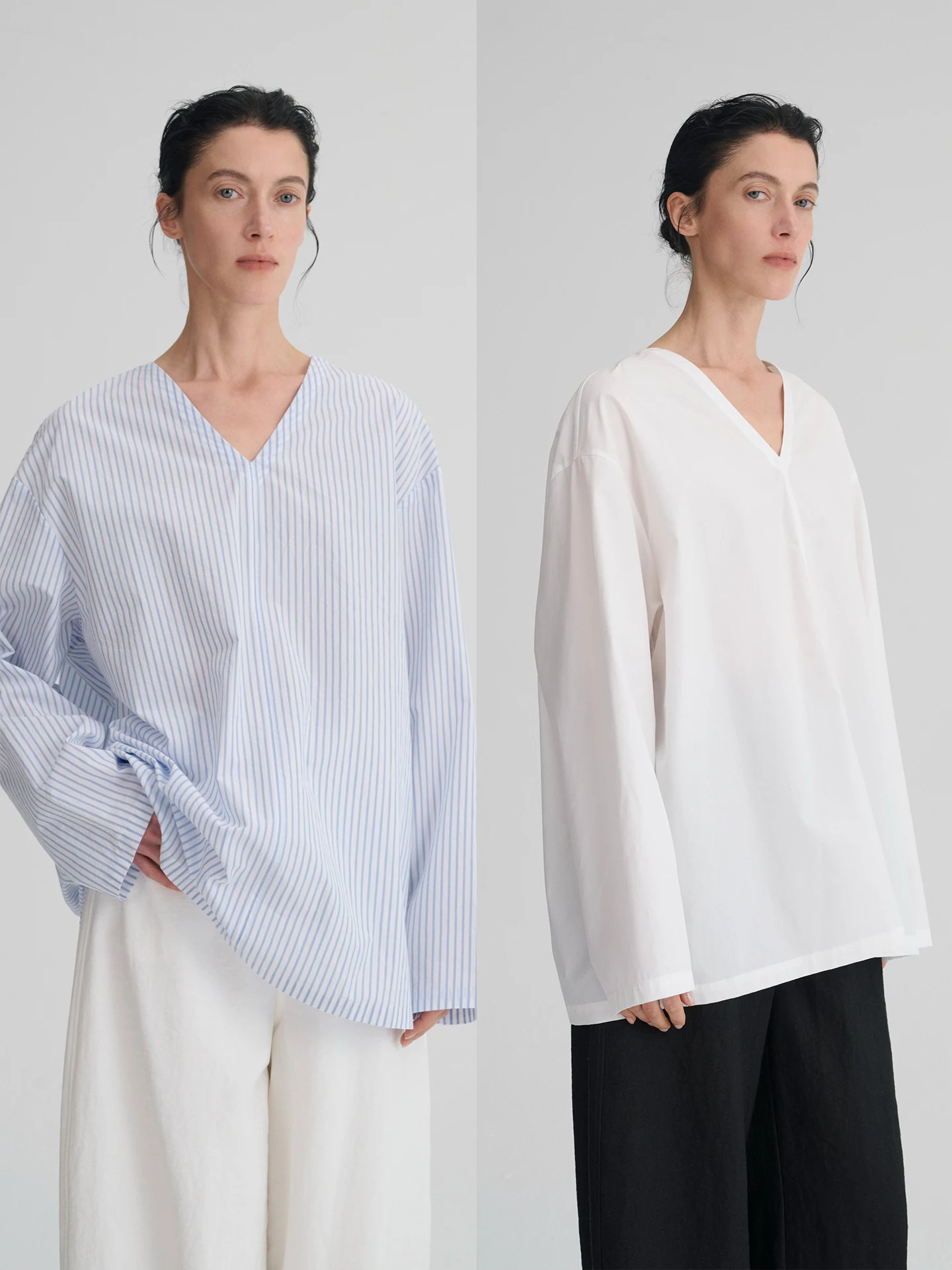 

Ele mat Loose Fit V-Ne irt Two-Tone Lyocell Cotton Casual Top for Women Spring Season Striped Pattern