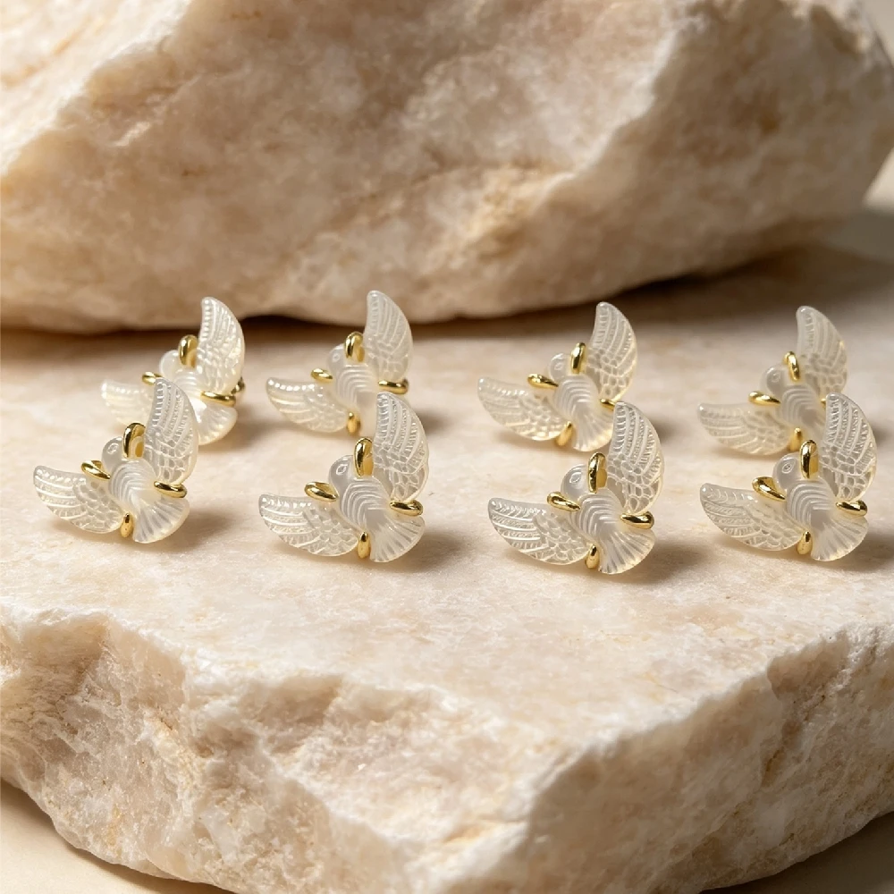 Carved Dove Shell Stud Ear Charms Flying Bird Natural Mother Of Pearl Ear Posts Golden Plated E2R1067
