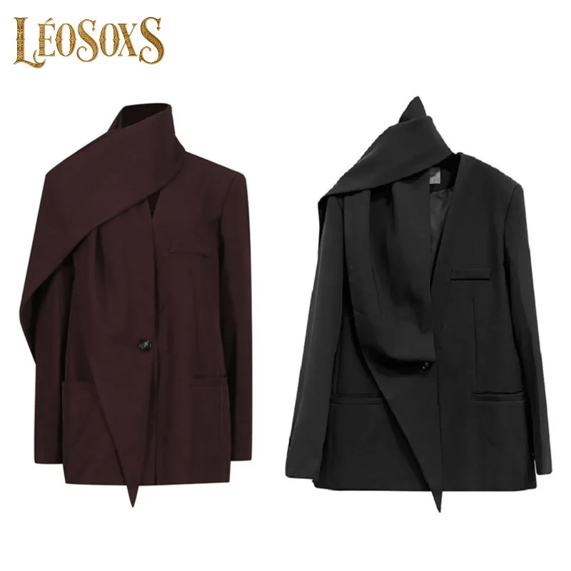 

LEOSOXS V Neck Shawl Ribbon Women's Blazers Single Button Loose Formal Jackets Splicing Suit Coats Autumn Long Sleeves Overcoat
