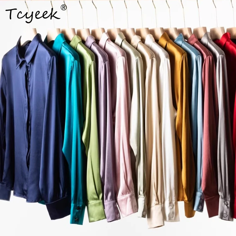 

Женская блузка из 93% шелка тутового шелкопряда и 7% спандекса, 19 момме, сатин, на пуговицах, с длинным рукавом, для офиса, размеры M, L, XL, MM161