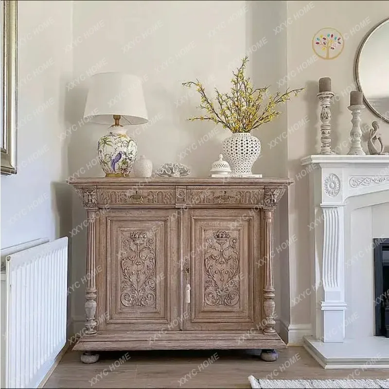 XX Country Solid Wood Entryway Cabinet Antique Distressed Double Door Storage Sideboard Carved Light Luxury Con